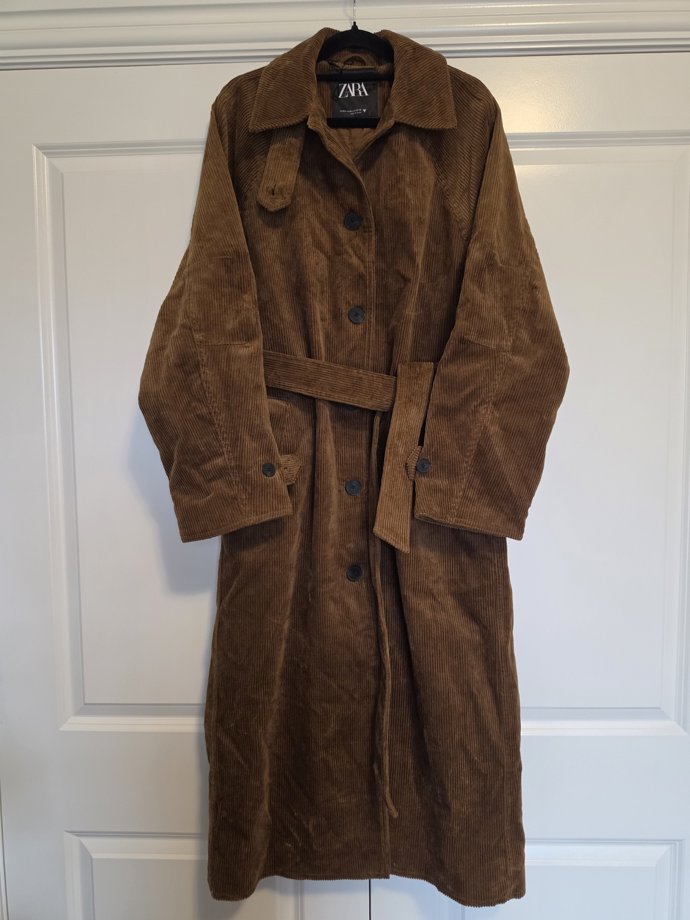 NEW ZARA WOMEN’S BROWN CORDUROY TRENCH COAT BELTED RAGLAN M-L